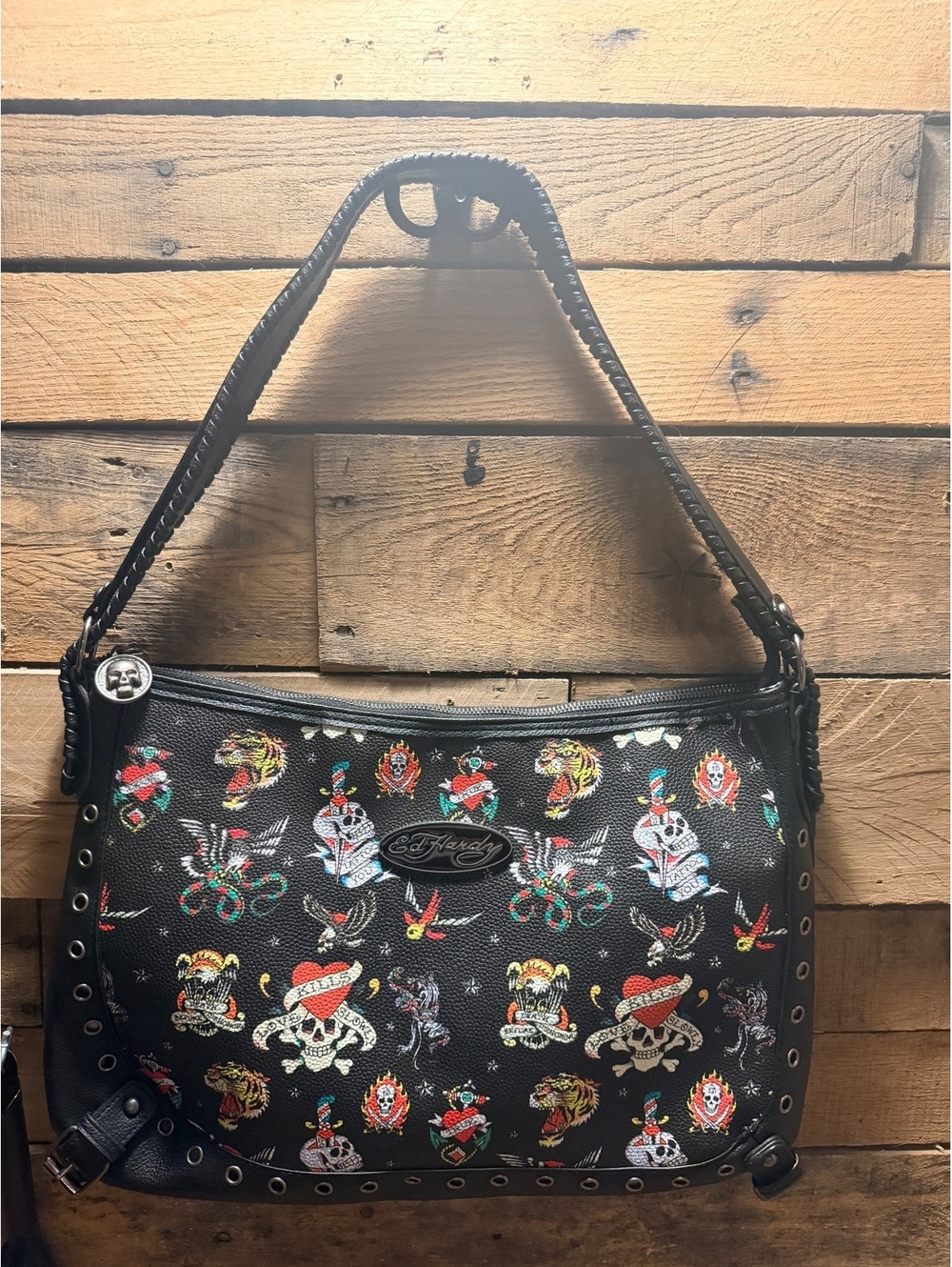 Ed Hardy Black Tattoo Skull Tiger Shoulder Hobo Bag Purse NWT